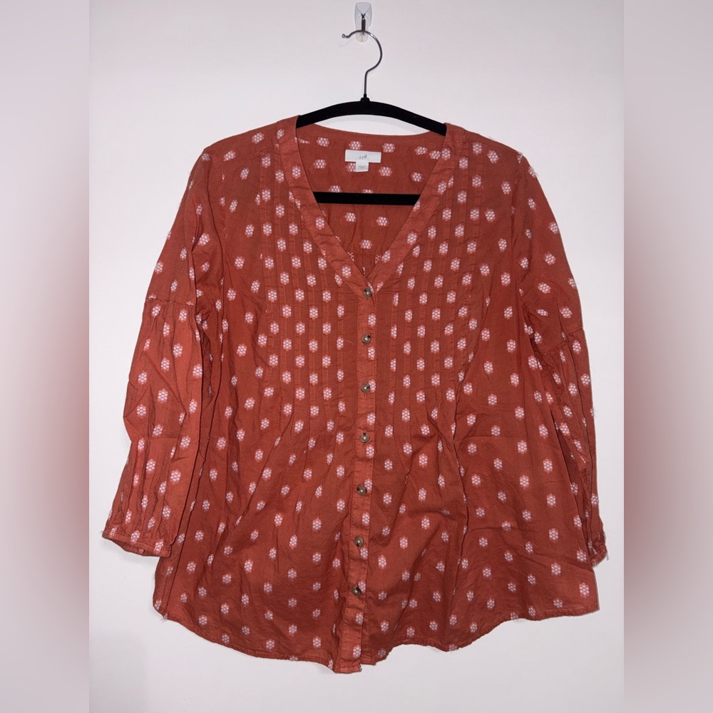 J. Jill peasant top orange brown patterned button India up size small - Picture 3 of 7